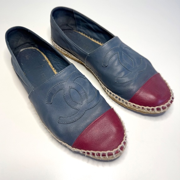 CHANEL CC Blue Red Lambskin Leather Espadrilles Flats Loafers EU 38 fit US 7 - Picture 1 of 14